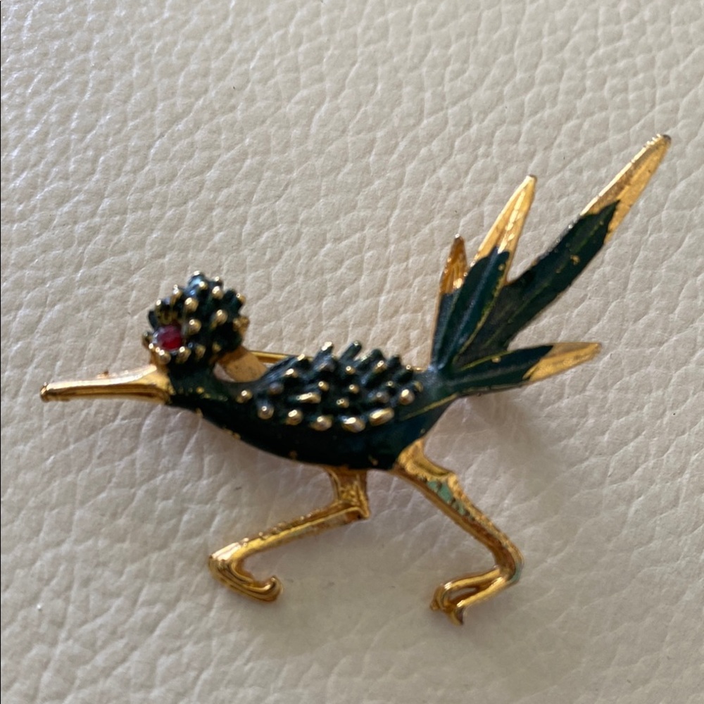 Vintage Gold and Green Roadrunner Brooch